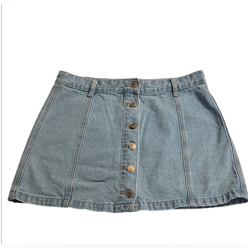 Forever 21 Womens Jean Mini Skirt Metal Button Front Light Blue Denim Sz 26 EUC